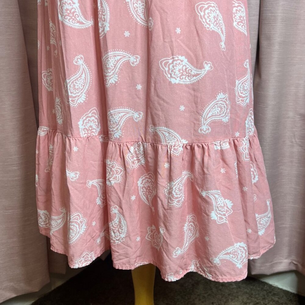 PatPat Pink Boho Paisley Midi Dress XL Short Puff Sleeves V-Neck 100% Viscose Ru - Picture 9 of 16